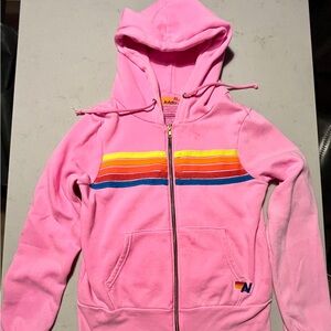 Aviator Nation Pink and Yellow 5 Striped Hoodie
